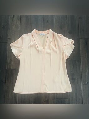 Calvin Klein Peach Silky V-Neck Tulip Sleeve Blouse Petite L